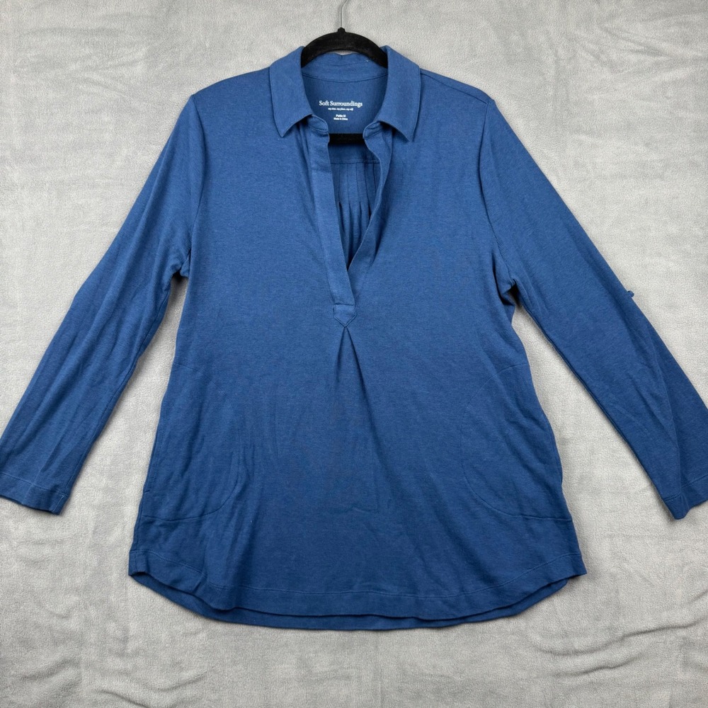 Soft Surroundings Petite M Blue Collared V Neck Pleated Long Sleeve Tunic Top
